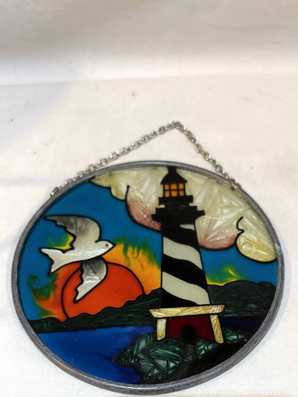 Stained Glass Suncatcher Window Decor Sunrise Lighthouse and Sea Bird